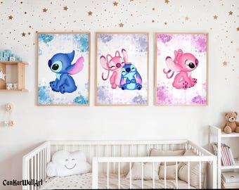 Juego de 3 impresiones de acuarela con puntadas y ángeles para pared, decoración para habitación infantil, descarga digital.