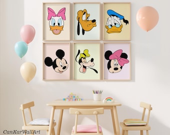 Mickey and Friends Kopf Prints, 6er Set Cartoon Kinderzimmer Wandkunst, druckbare Kinderzimmer Dekoration