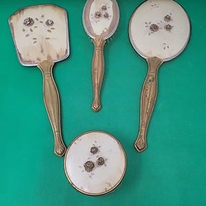 Vintage 1950’s  Gold Tone Matson Floral 3D  Mirror Brush Vanity Set Full Set