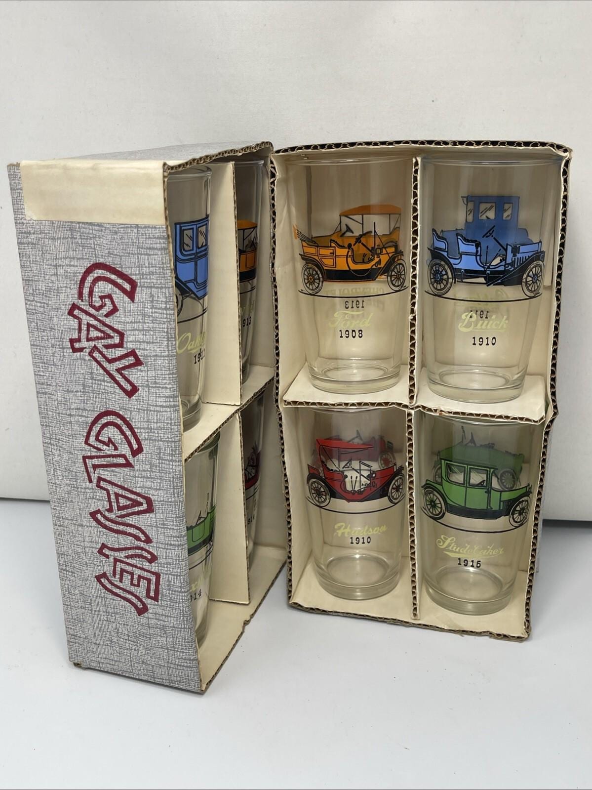 Hazel Atlas Gay Glasses Set: 8 Antique Cars, Old Timer Barware, Original Box