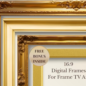 Peut inclure: Plusieurs cadres dorés ornés de détails complexes. L'image présente différents cadres, mettant en valeur divers styles et tailles. Le texte sur l'image indique "FREE BONUS INSIDE" et "16:9 Digital Frames For Frame TV Art."