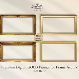 May include: Four gold rectangular frames with white interiors are displayed against a cream background. The frames vary in style, with two featuring ornate detailing and the others having a simpler design. The text "Majestic Gallery" and "Premium Digital GOLD Frames" are also visible.
