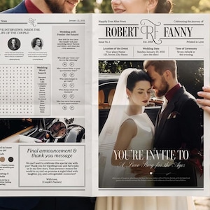 May include: A newspaper-style wedding invitation held by a couple. The headline reads "ROBERT & FANNY." The invitation includes photos, a word search, and the text "YOU'RE INVITE TO A Love Story for the Ages."