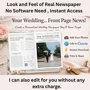 Może przedstawiać: Projekt gazety ślubnej z nagłówkiem "The Wedding Day" i nazwiskami Emma Brown & Robert William. Projekt zawiera zdjęcie, tekst oraz frazy "Bride or Groom? Guess Who" i "Milestones Along the Way."
