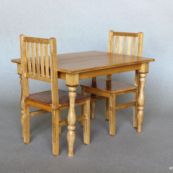 1/6 scale Table and 2 Chairs Dining set / Oak wood Miniature Furniture for Fashion doll Blythe, Barbie, Pullip, Obitsu, Momoko