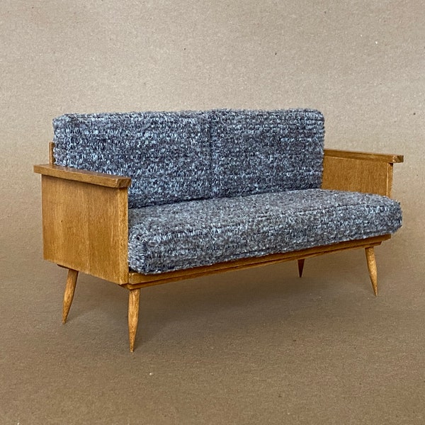 1/6 scale Sofa / Couch Mid Century Modern Pecan wood /Grey Cushions Miniature Furniture for Fashion dolls (Blythe, Barbie, Pullip, Momoko)