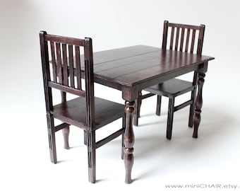 1/6 scale Table and 2 Chairs Dining set / Dark wood Miniature Furniture for Fashion doll Blythe, Barbie, Pullip, Obitsu, Momoko