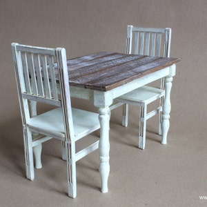 1/6 scale Table and 2 Chairs Shabby Cottage chic Farmhouse Dining / Kitchen Set for dolls (Blythe, Barbie, BJD, Momoko)