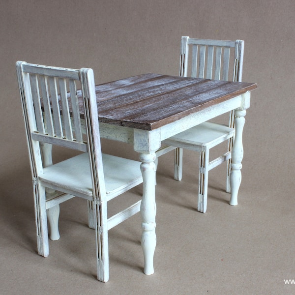 Mesa a escala 1/6 y 2 sillas Shabby Cottage chic Farmhouse Dining / Kitchen Set para muñecas (Blythe, Barbie, BJD, Momoko)