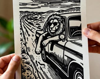 Impresión linográfica "Viaje por carretera con leones", tamaño A5, Arte de animales de aventura