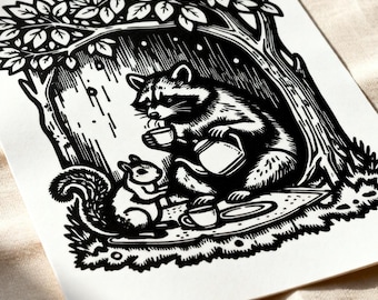 Impresión en linóleo de la Fiesta del Té del Mapache, estilo rústico, estilo rústico, tamaño A5