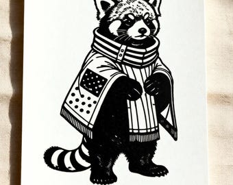 Impresión en linóleo de panda rojo, tamaño A5, arte del bosque hecho a mano