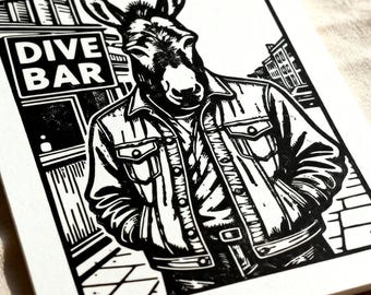 Impresión en linóleo de Donkey Dive Bar, A5, Arte animal urbano
