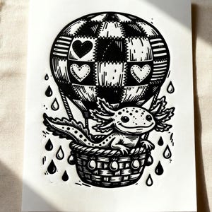 Axolotl heteluchtballon linosnede, grillige zwart-witte A5-kunst