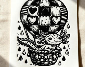 Impresión linográfica de un globo aerostático de ajolote, arte caprichoso en blanco y negro A5