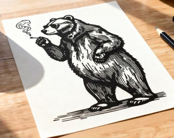 Impresión en linóleo de un oso fumando con gafas de sol, impresión en bloque A5 hecha a mano, arte de oso divertido en blanco y negro, decoración de pared con animales caprichosos.