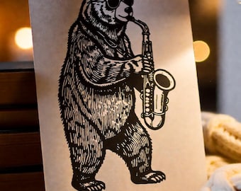 Impresión en linóleo de oso jazz, arte de saxofón, decoración animal caprichosa