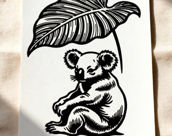 Impresión en linóleo de koala, impresión en bloque hecha a mano en tamaño A5, arte minimalista para guardería