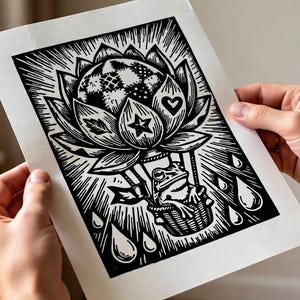 Linosnede print kikker heteluchtballon, A5 grillige Cottagecore-kunst