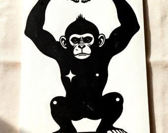 Impresión linográfica de mono hecha a mano, tamaño A5, arte animal en blanco y negro