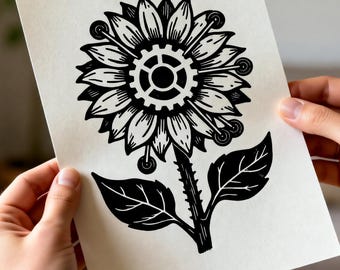 Impresión linográfica de girasol Steampunk, tamaño A5, arte botánico en blanco y negro