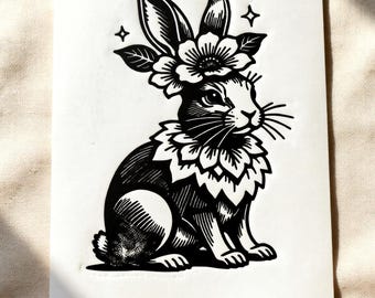 Impresión linográfica de conejo de Pascua floral, tamaño A5, arte de conejo en blanco y negro, decoración cottagecore