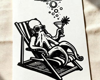 Impresión linográfica Chill Octopus, tamaño A5, Beach Bar Art