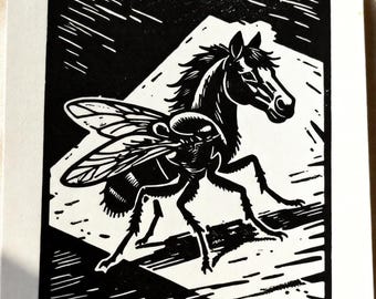 Impresión en linóleo de un tábano, arte de terror popular surrealista, tamaño A5, blanco y negro