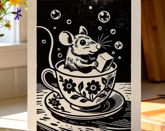 Impresión en linóleo de ratón en taza de té, tamaño A5, arte cottagecore hecho a mano
