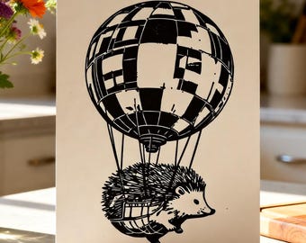Impresión linográfica de un globo aerostático de erizo, arte infantil caprichoso (tamaño A5)