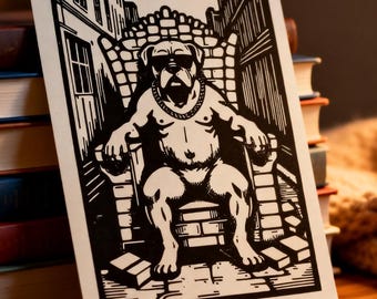 Impresión en linóleo de un bulldog inglés, estilo tatuaje urbano, tamaño A5