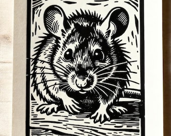 Impresión linográfica de ratón hecha a mano, estilo cottagecore, tamaño A5