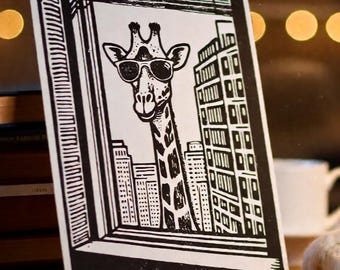Jirafa con gafas de sol, impresión en linóleo, arte animal en blanco y negro, tamaño A5