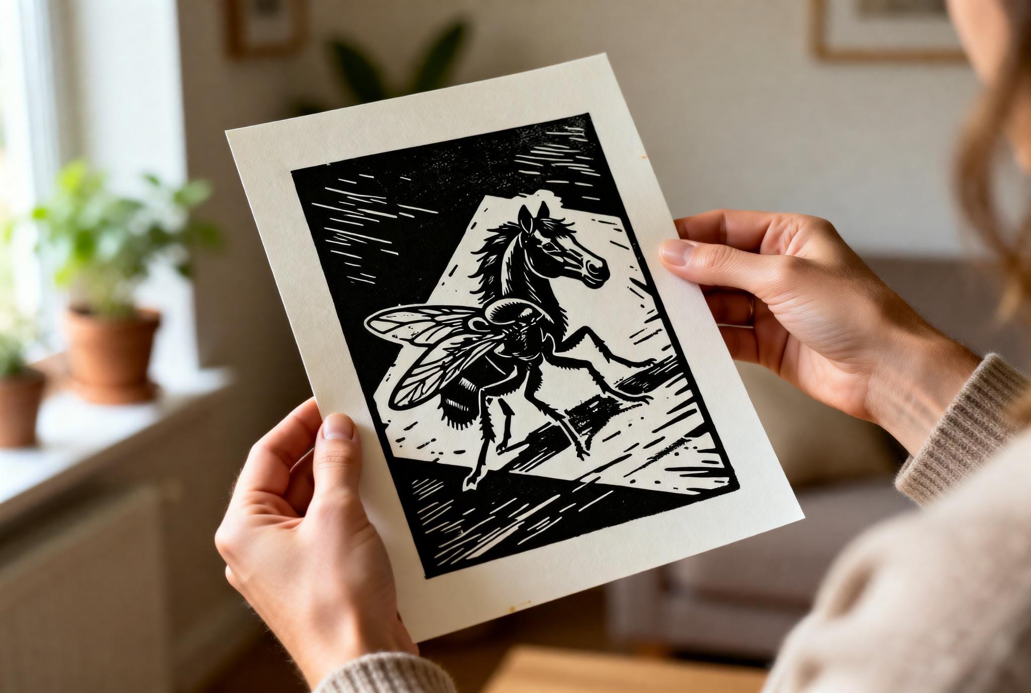 Original linocut print Horsefly Linocut Print — ink texture and paper detail view