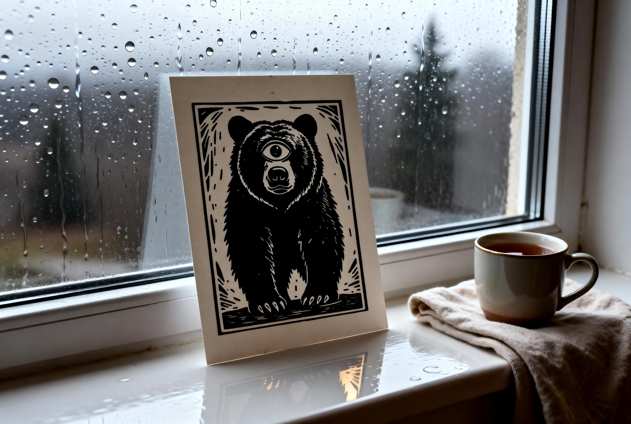 Original linocut print Surreal Cyclops Bear Linocut Print — ink texture and paper detail view