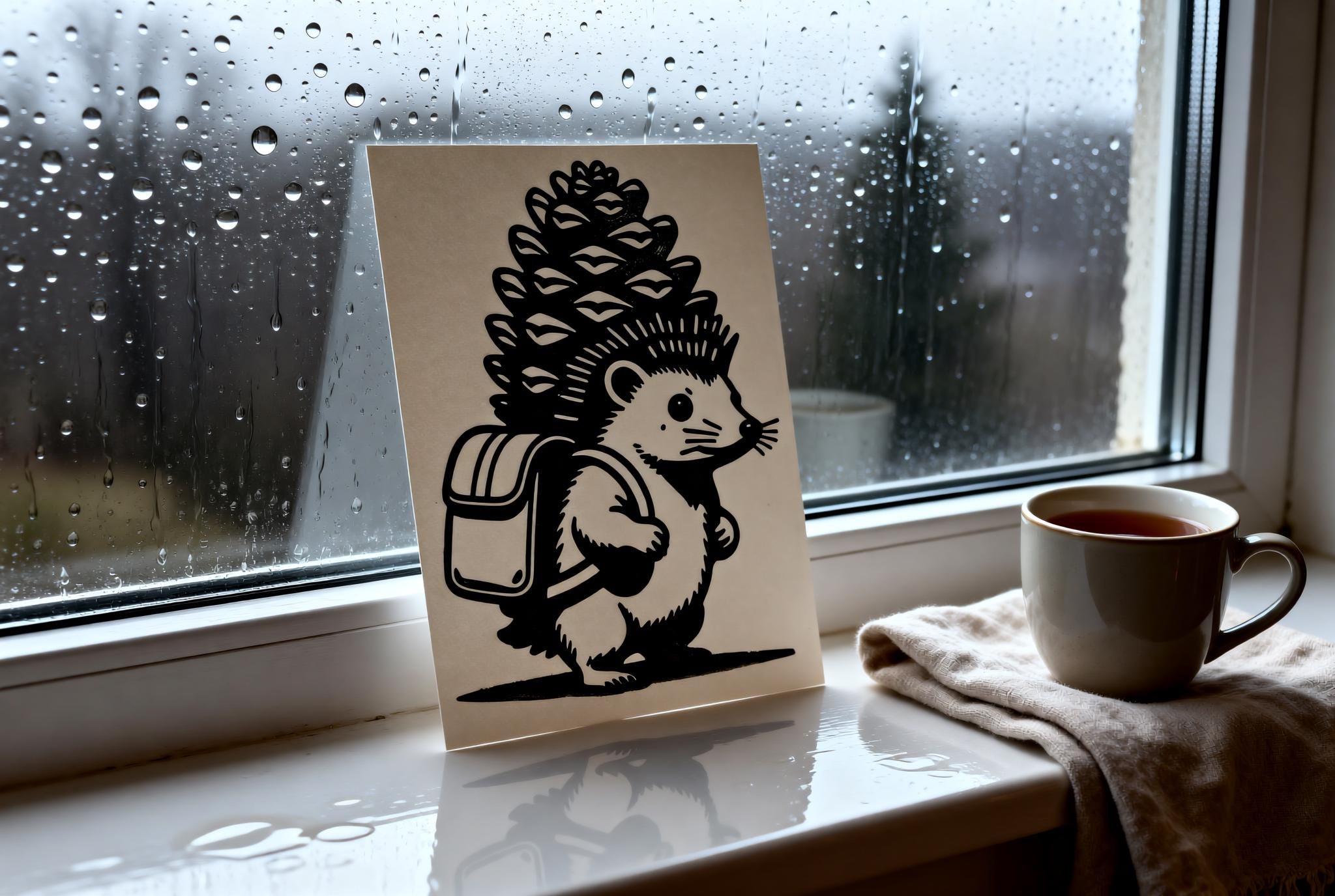 Close-up detail of handmade Handmade Hedgehog Linocut Print linocut relief print showing carved texture