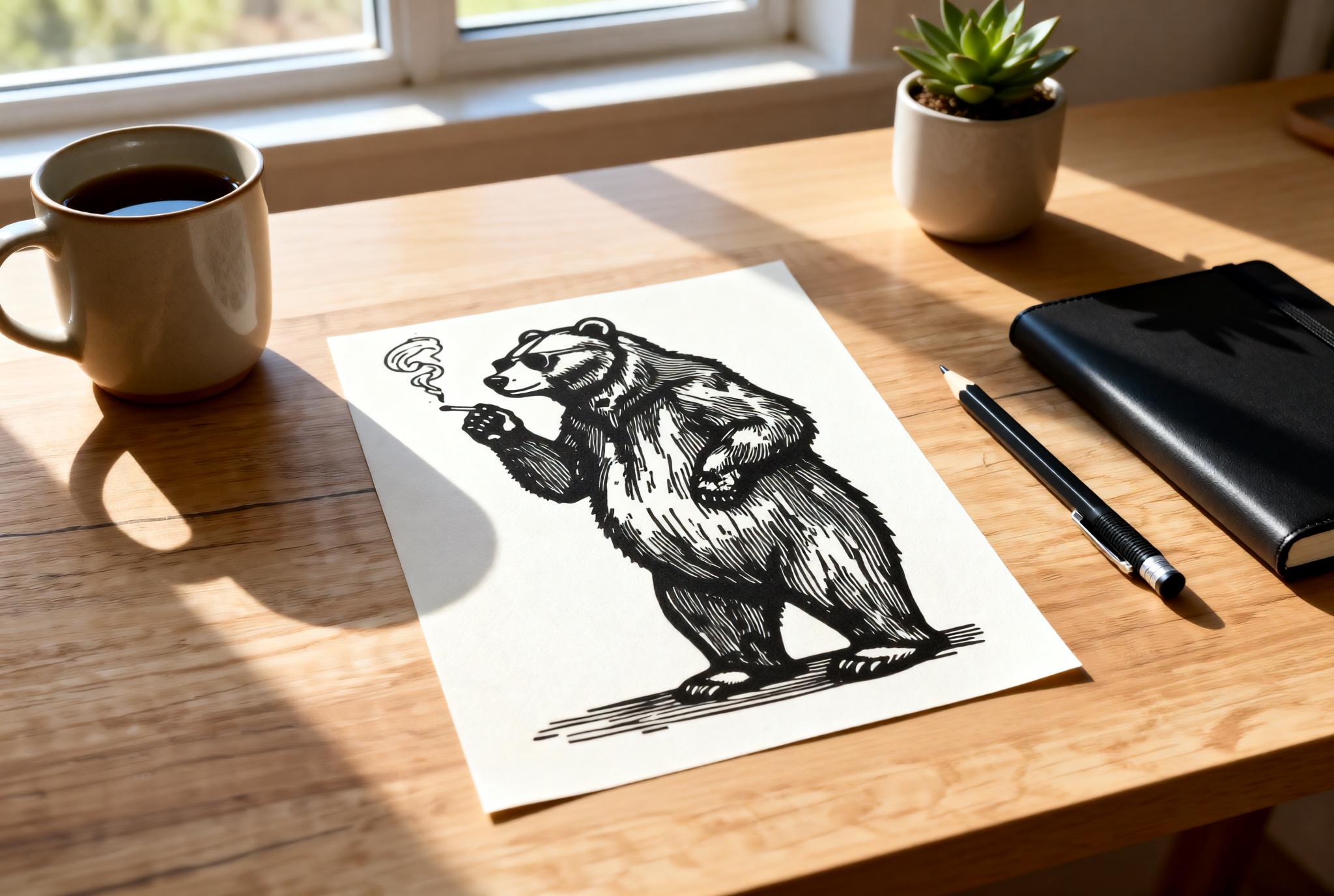 Handmade linocut print of a bear wearing sunglasses standing casually with a cigarette and curling smoke