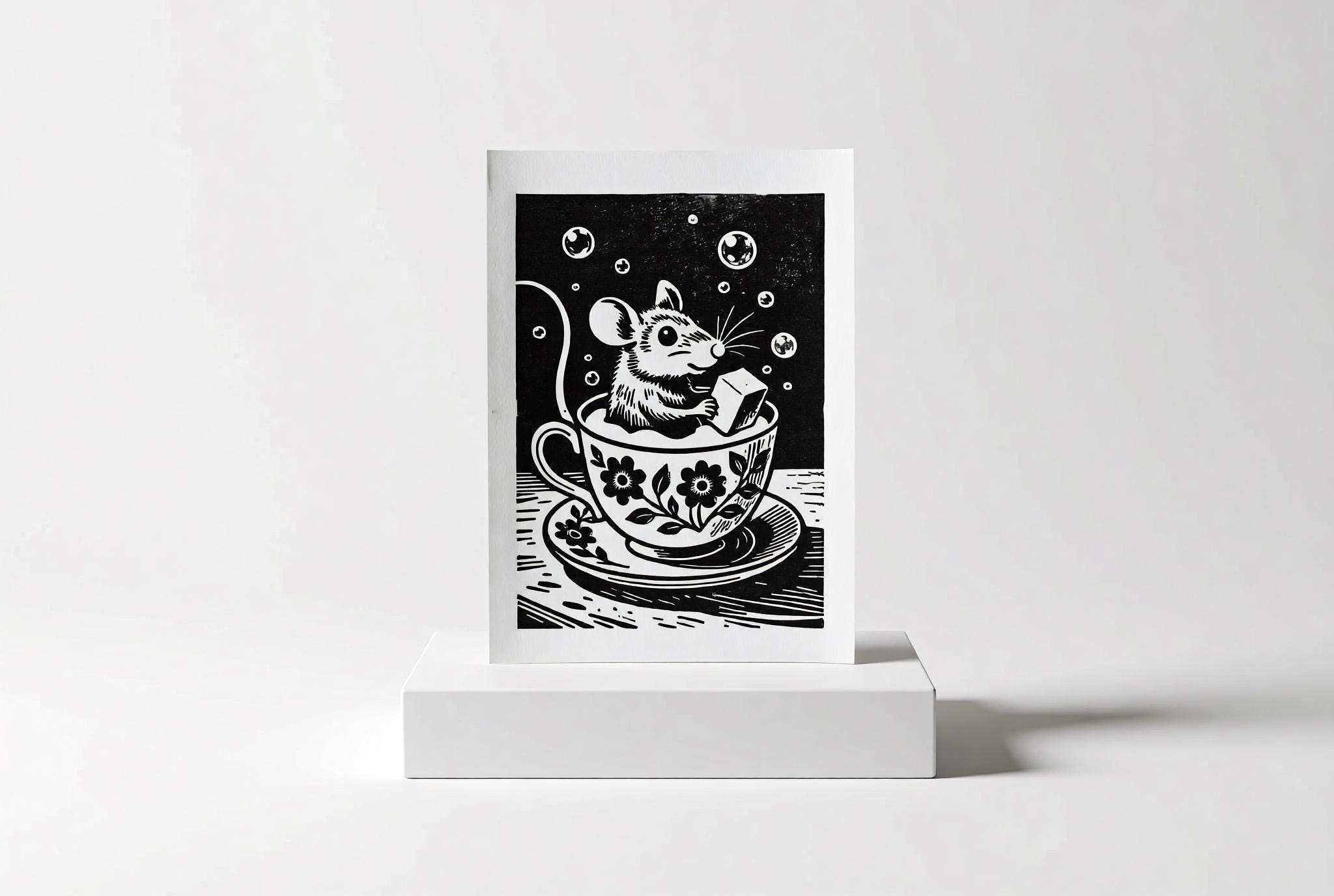 Original linocut print Teacup Mouse Linocut Print — ink texture and paper detail view