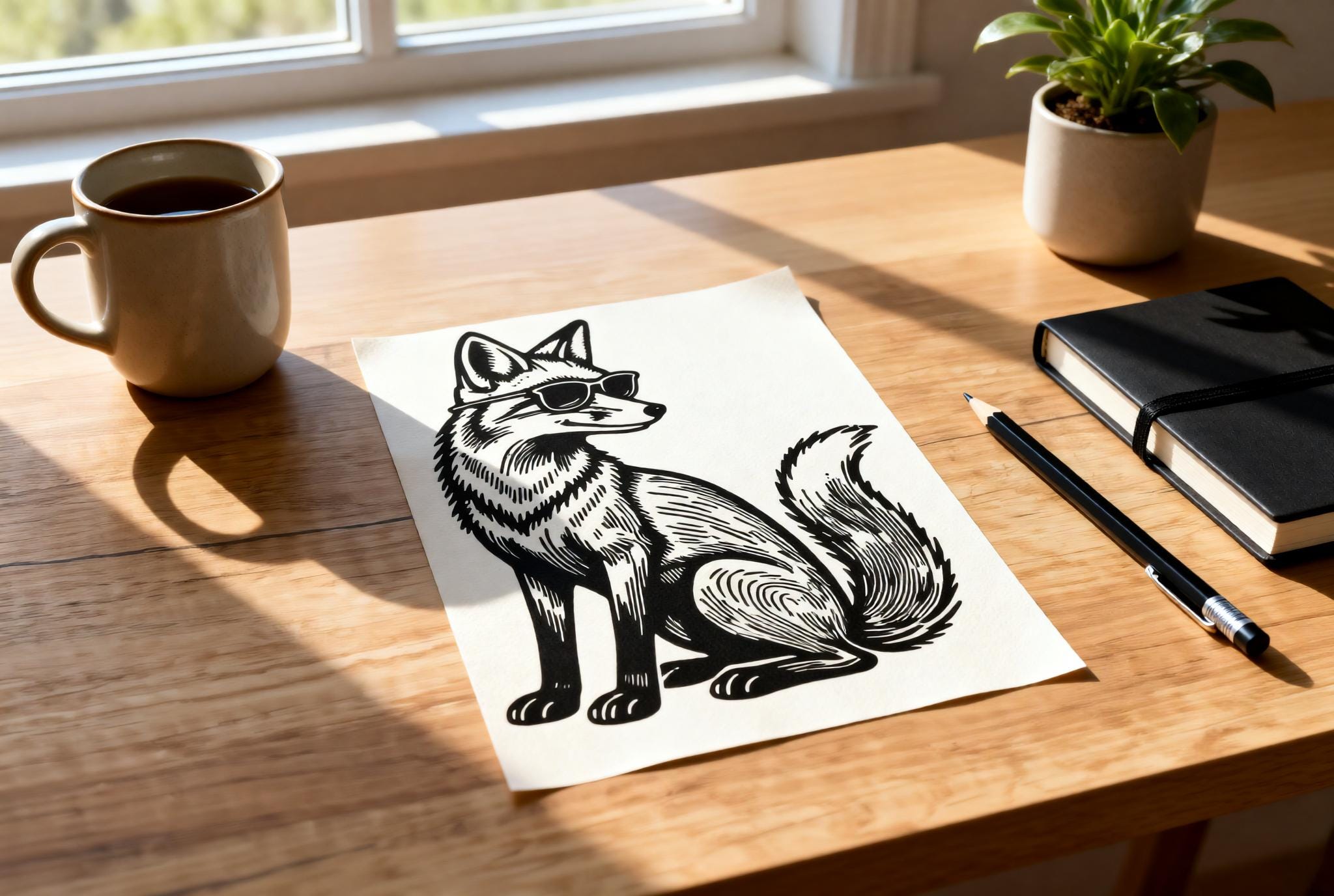 Hand-printed Fox Linocut Print | Handmade A5 Minimalist Art A5 art print — black ink on white cotton paper