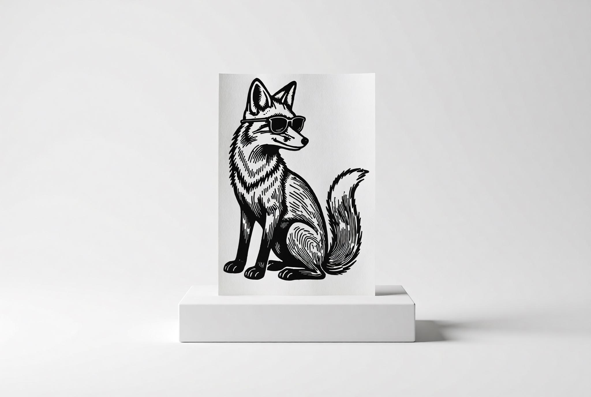 Close-up detail of handmade Fox Linocut Print | Handmade A5 Minimalist Art linocut relief print showing carved texture