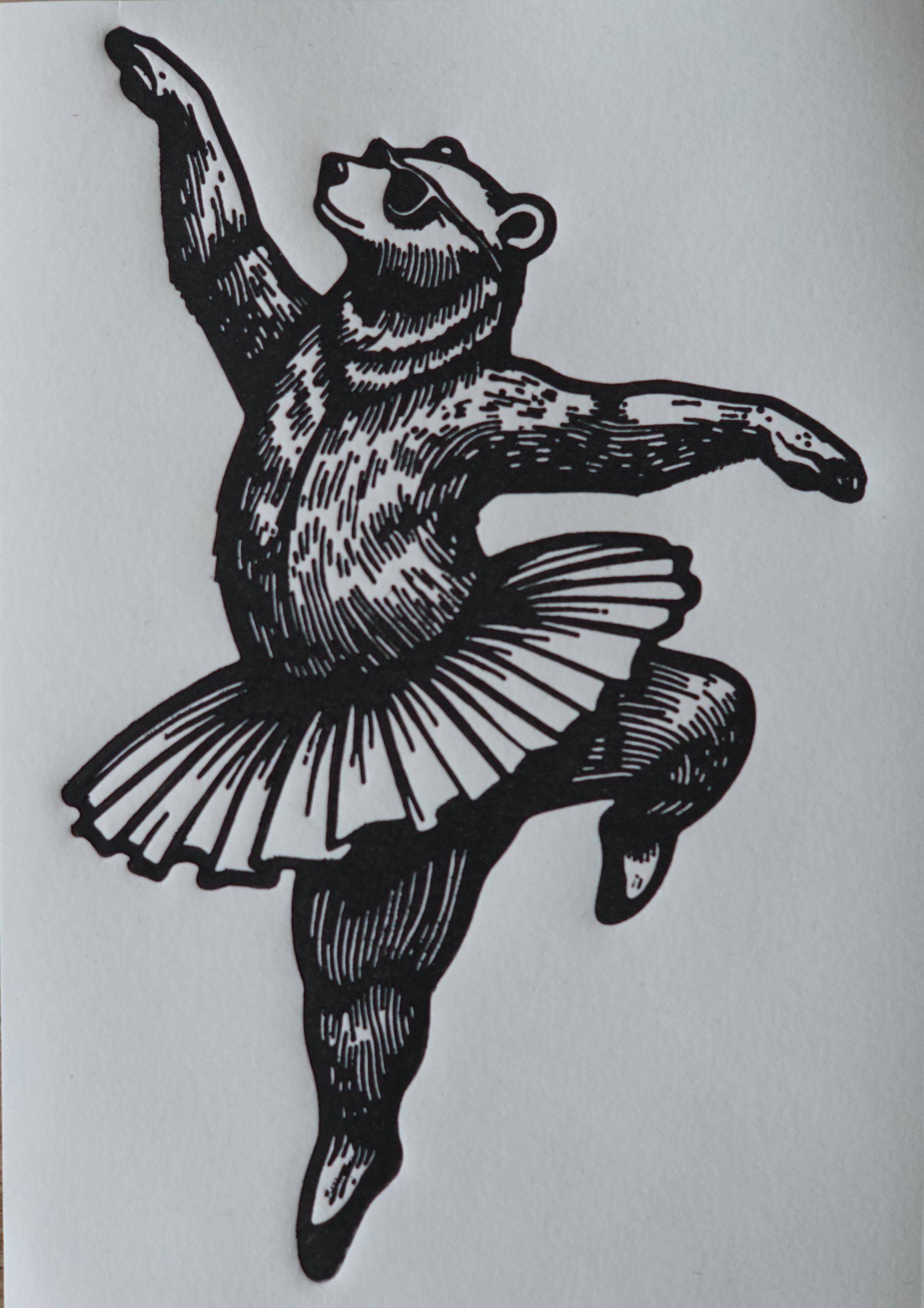Close-up detail of handmade Ballerina Bear Dancing Linocut Print linocut relief print showing carved texture