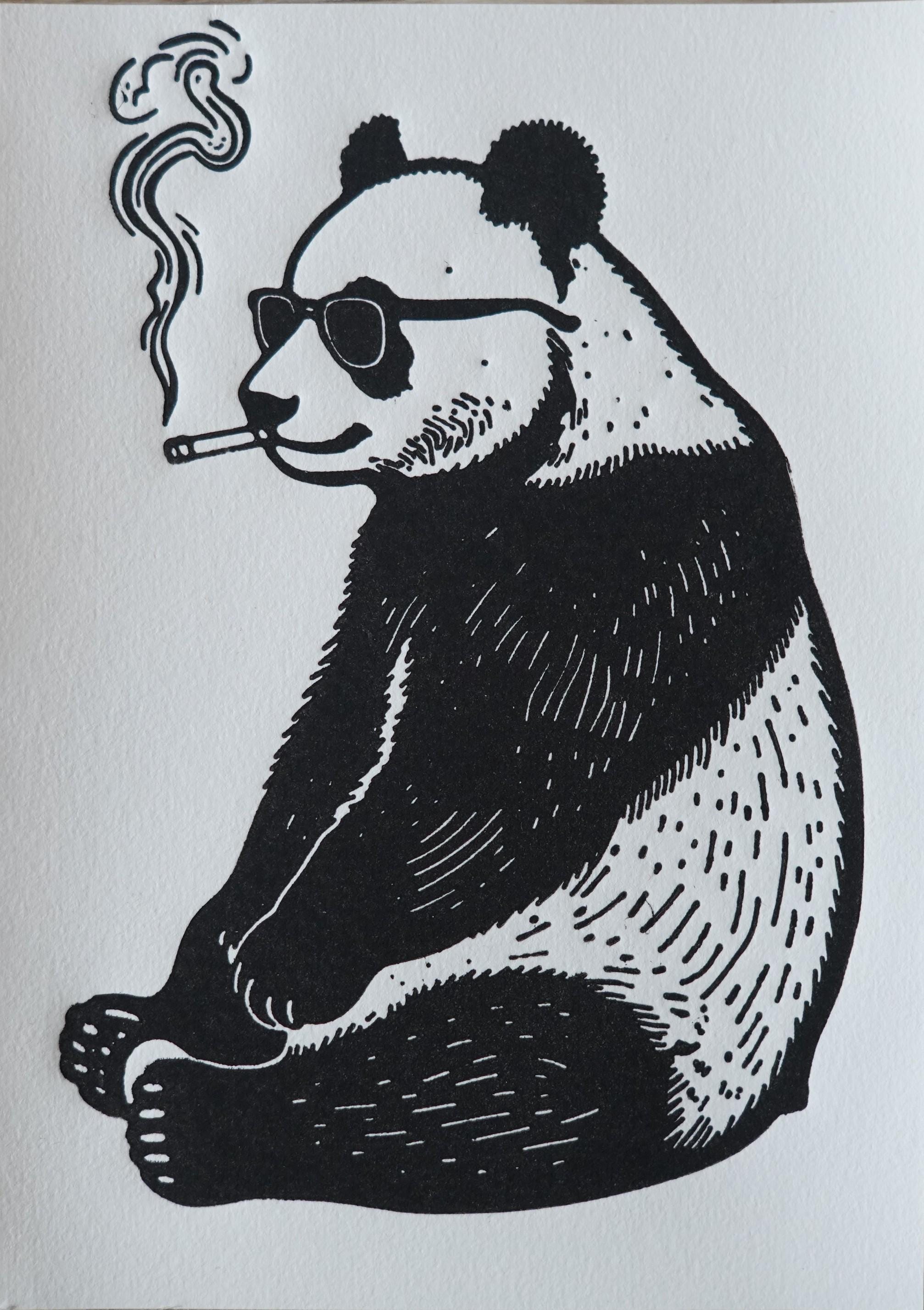 Smoking Panda Wearing Sunglasses Linocut Print handmade block print on 300gsm watercolor paper A5 size