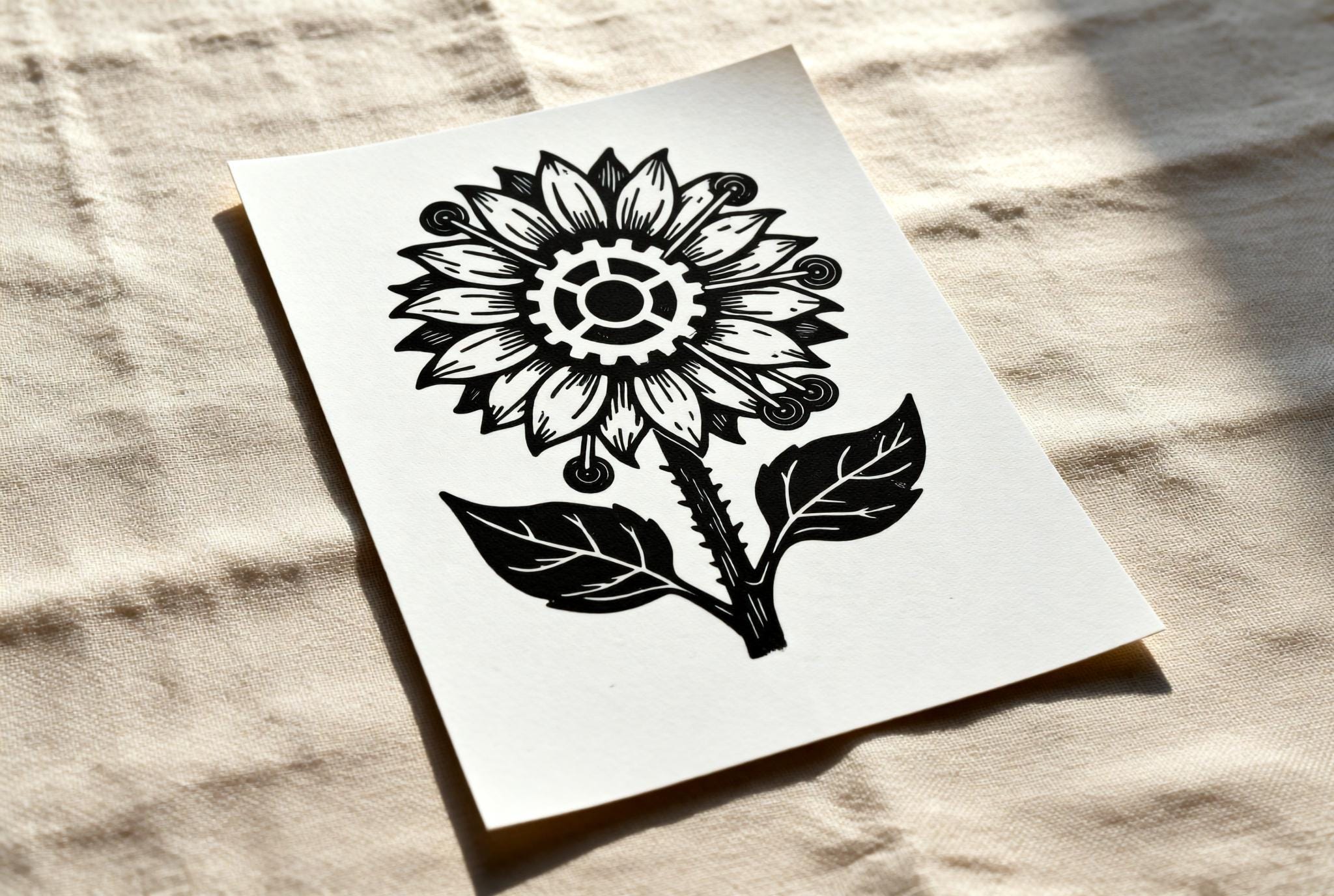 Close-up detail of handmade Steampunk Sunflower Linocut Print linocut relief print showing carved texture