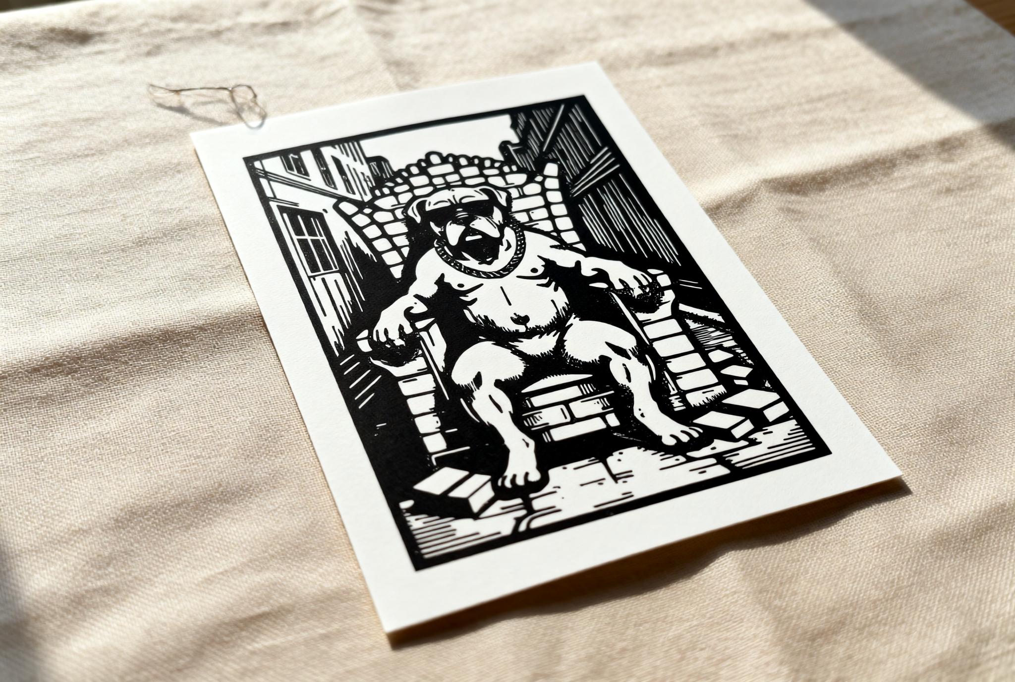 Close-up detail of handmade King Bulldog Linocut Print linocut relief print showing carved texture