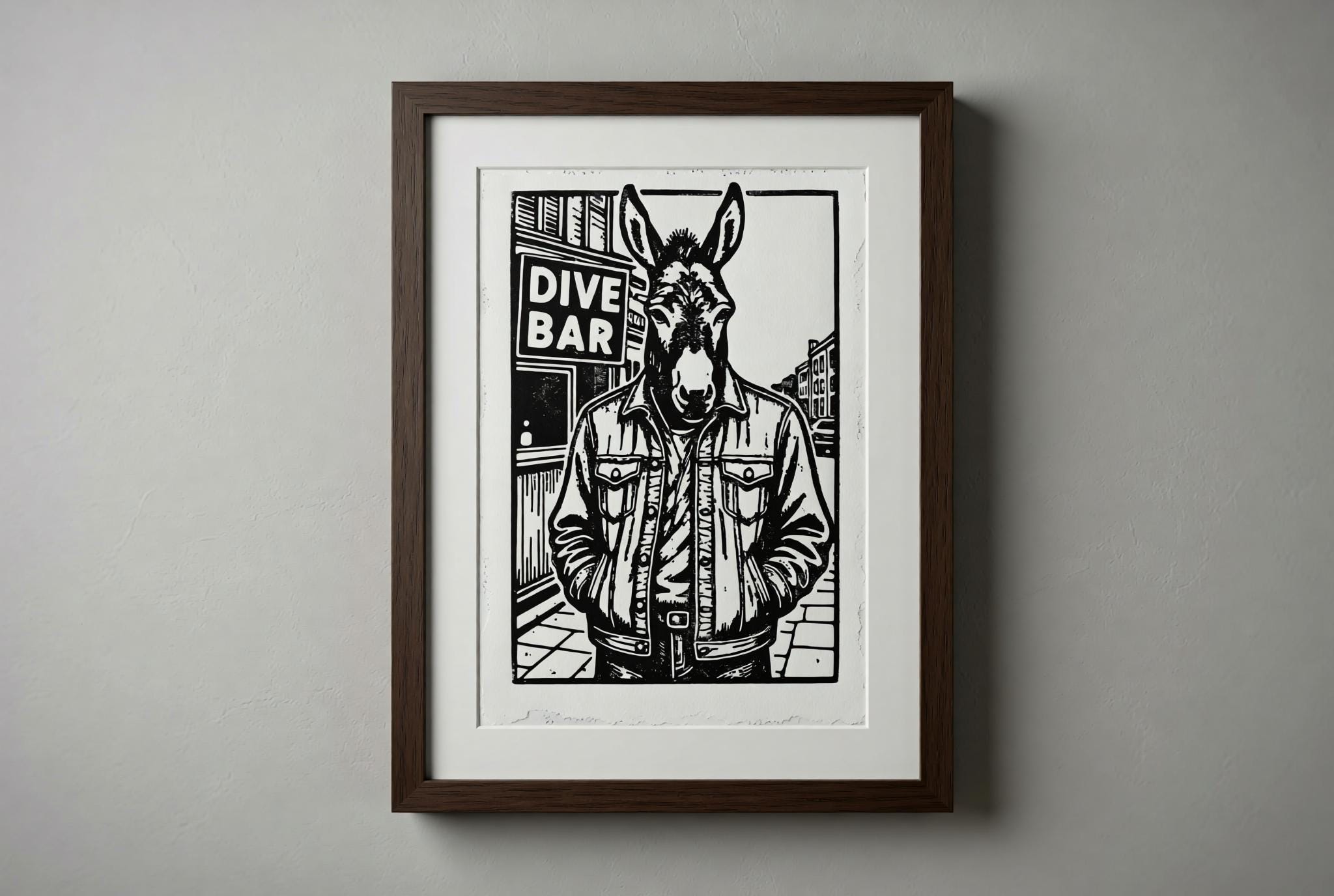 Donkey Dive Bar Linocut Print handmade block print on 300gsm watercolor paper A5 size