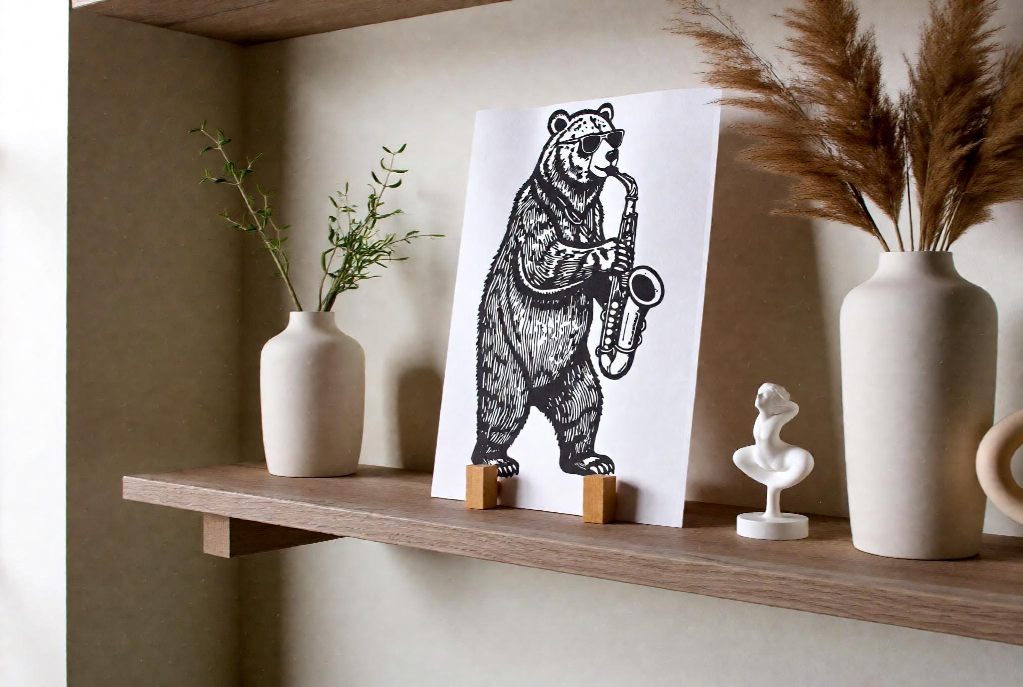 Jazz Bear Linocut Print handmade block print on 300gsm watercolor paper A5 size