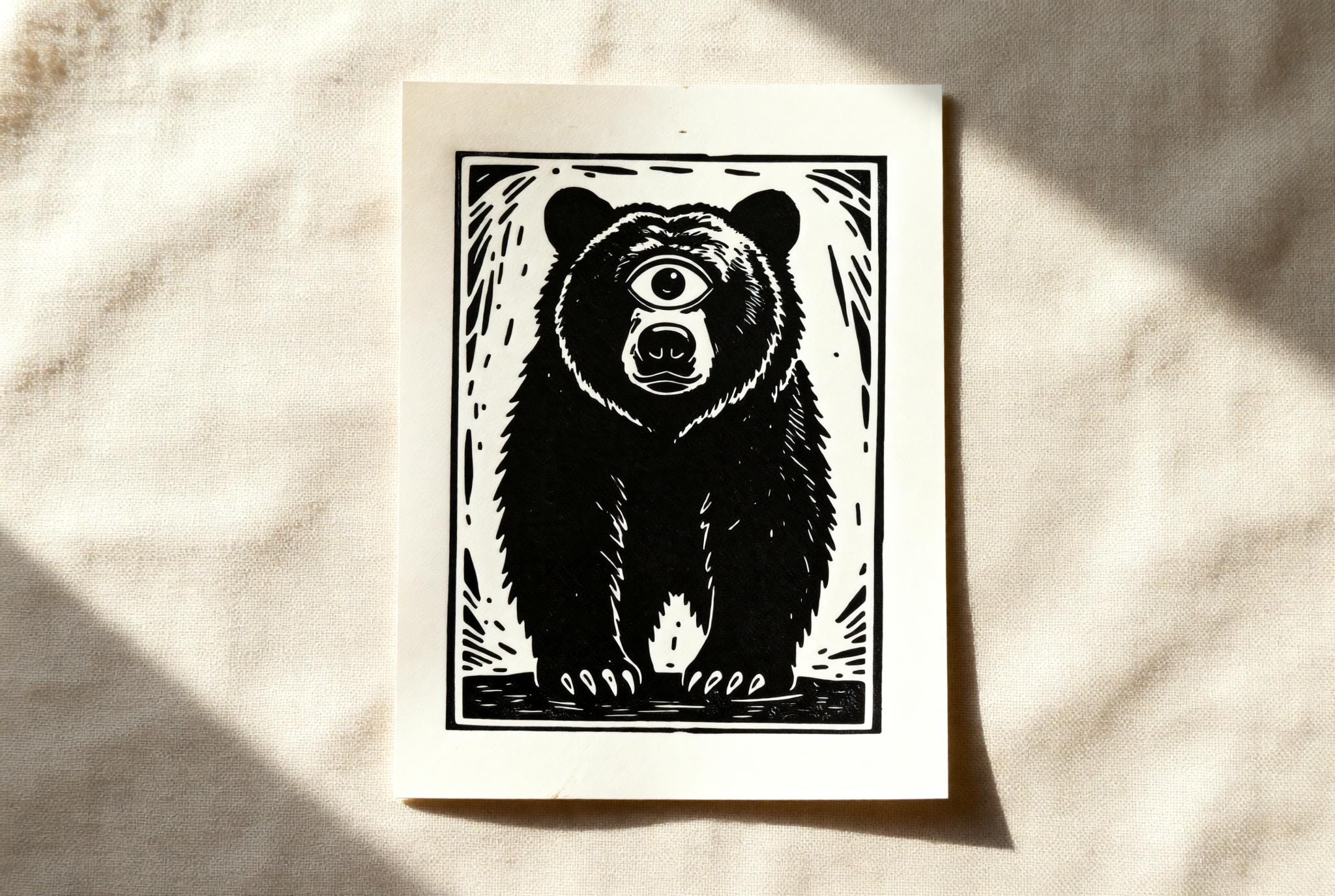 Handmade linocut print of a surreal cyclops bear with a single large eye, gothic folk art style