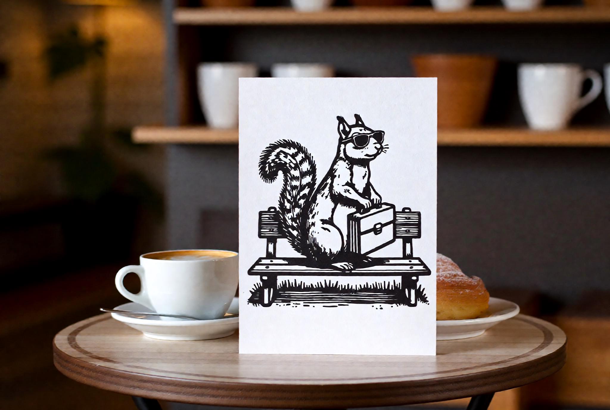 Original linocut print Secret Agent Squirrel Linocut Print — ink texture and paper detail view