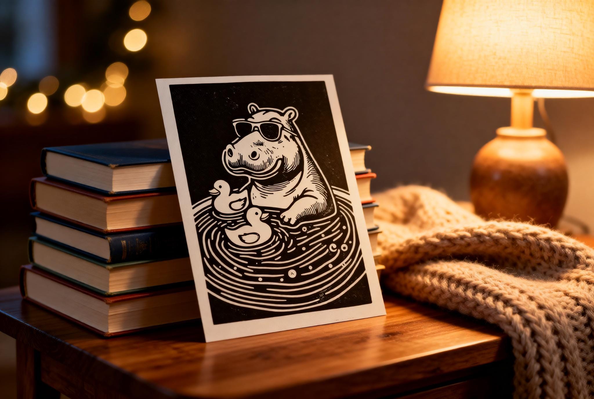 Hippo in a Bath Tub Linocut Print handmade block print on 300gsm watercolor paper A5 size