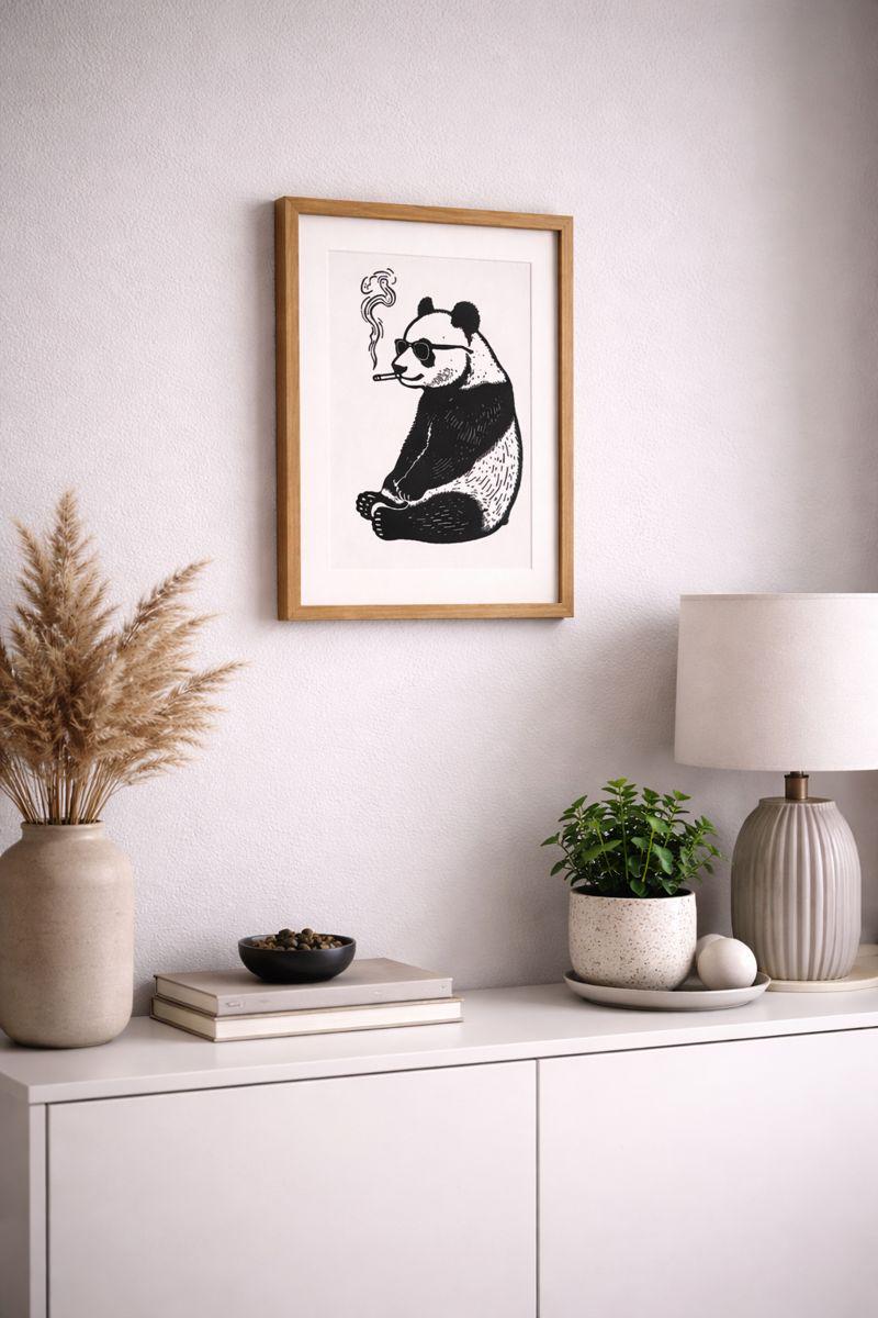 Hand-printed Smoking Panda Wearing Sunglasses Linocut Print A5 art print — black ink on white cotton paper